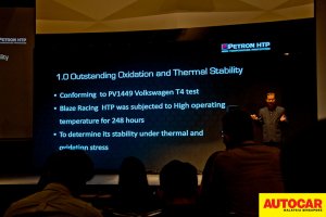 En Mohd Pauzi Mohd Din presenting the HTP technical detail presentation at the Petron Malaysia HTP Engine Oil launch