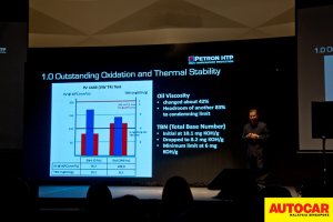En Mohd Pauzi Mohd Din presenting the HTP technical detail presentation at the Petron Malaysia HTP Engine Oil launch